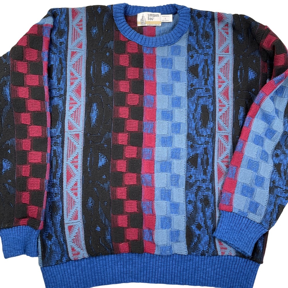 London Fog Sweater Men Large Blue Red Abstract Geometric Knit Pullover 80s VTG